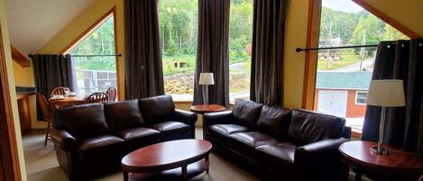 Comfort Condo, 1 Bedroom, Balcony, Mountain View | Living room | 32-inch Smart TV with cable channels, books