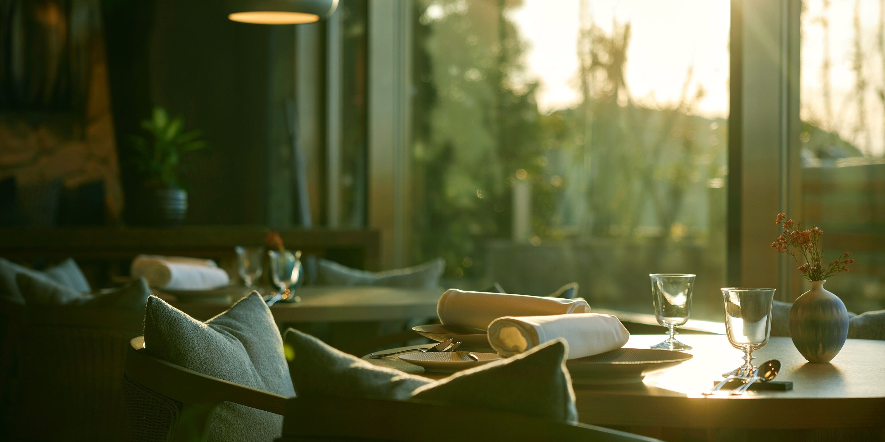 Un coin repas avec une table dressée pour deux personnes, agrémenté d’un vase de fleurs, d’un verre d’eau et de serviettes soigneusement pliées.