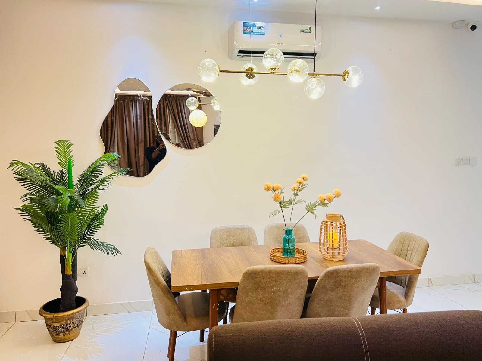 A dining area with a wooden table, six chairs, a potted plant, decorative mirrors, and a hanging light fixture.