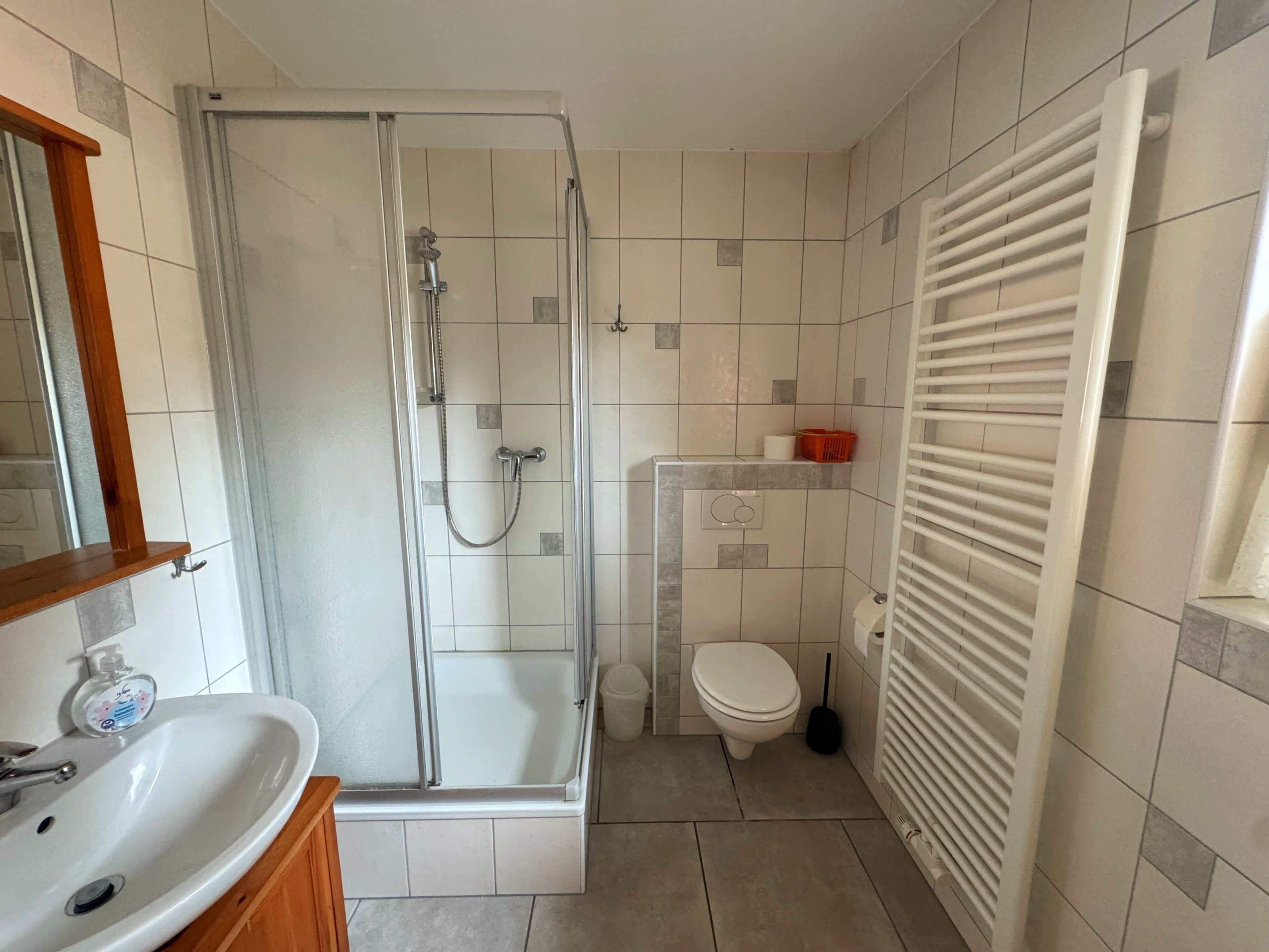 A bathroom with a glass-enclosed shower, a white sink, a toilet, and a radiator.