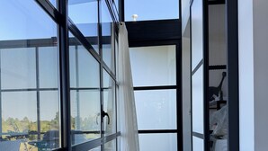 Un interior moderno con un vidrio que da a un espacio exterior, piso de madera y una pequeña alfombra.