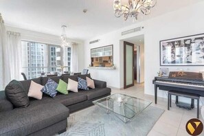 Luxury Apartment, Balcony, City View | Living area - Downtown Balcony With Burj Khalifa View (Dubai)