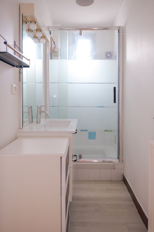Shower, hair dryer, towels