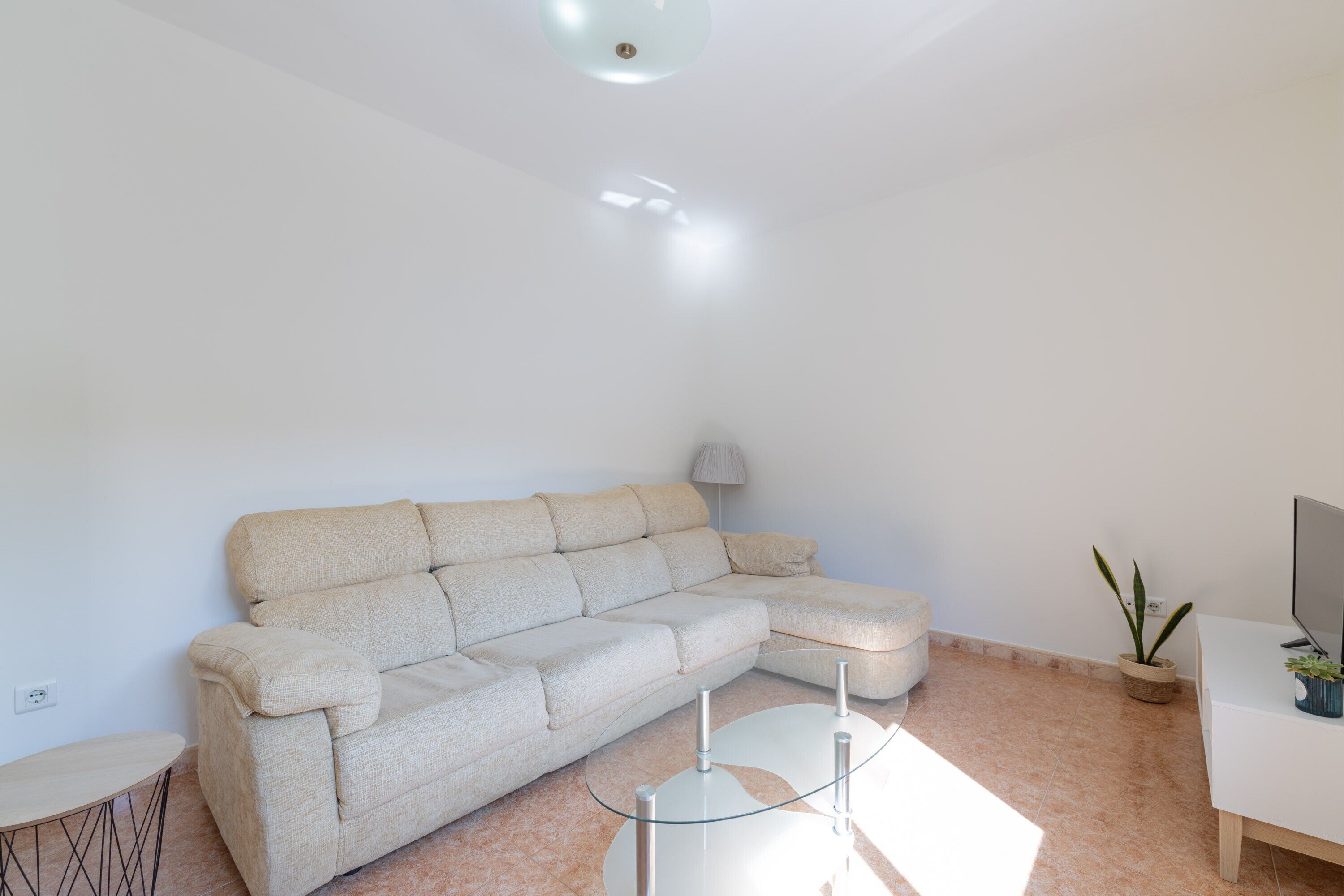 A modern living room with a sectional sofa, a glass coffee table, a small side table, a lamp, a potted plant, and a TV stand.
