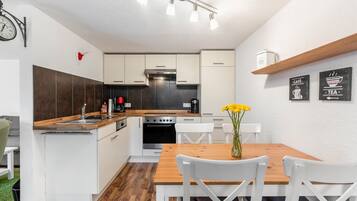 Een koelkast, een oven, een kookplaat, een vaatwasser