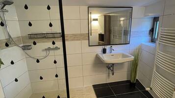 A modern bathroom with a glass shower enclosure, a white sink, and a mirror above it.