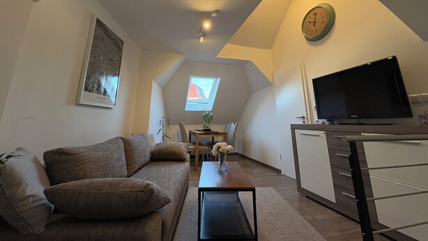 A cozy loft apartment with a sloped ceiling, a large TV, a dining area, and a view of a red-roofed building through a skylight.
