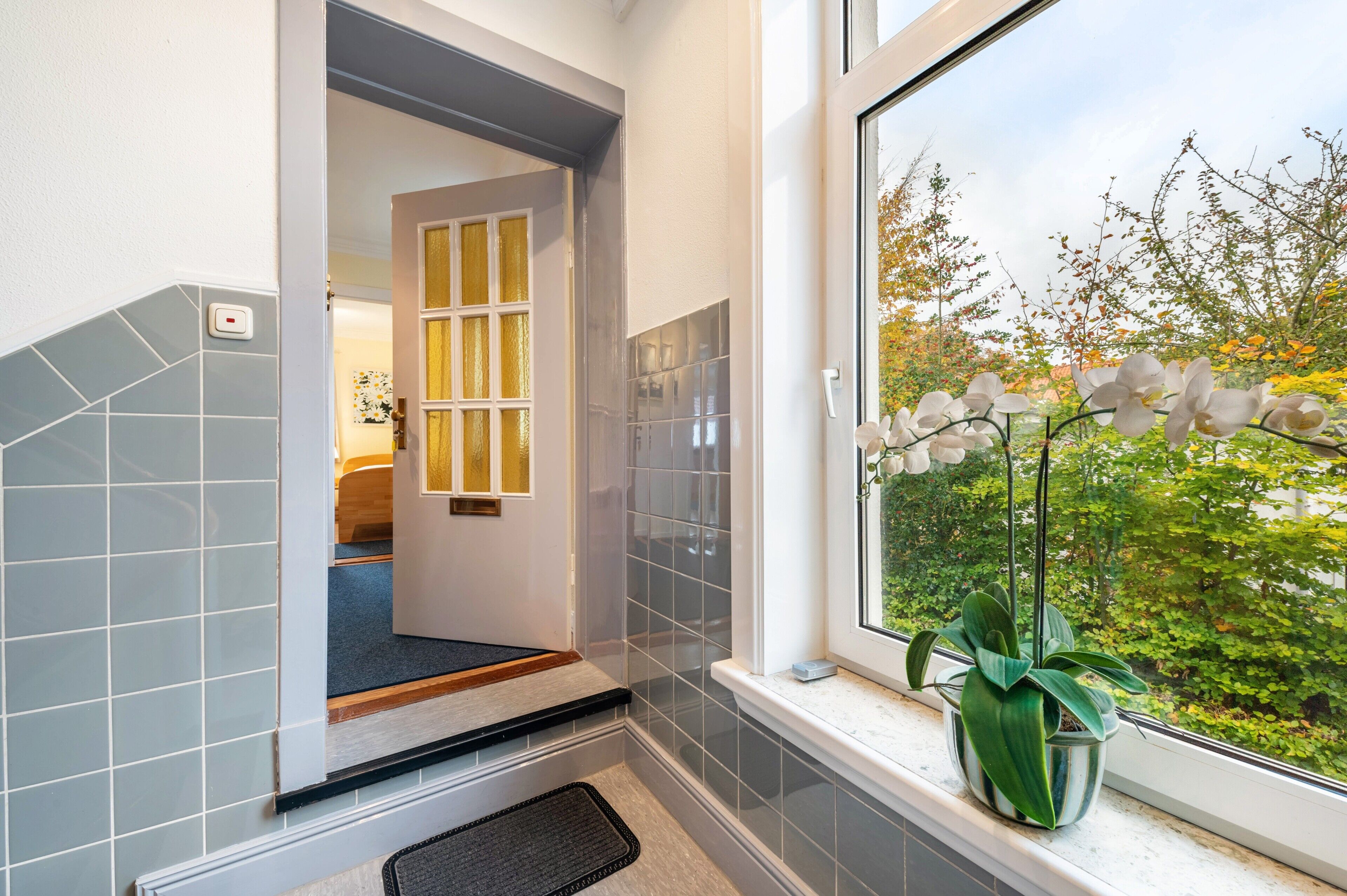 A bathroom with a shower, a window with a view of trees, and a potted plant on the windowsill.
