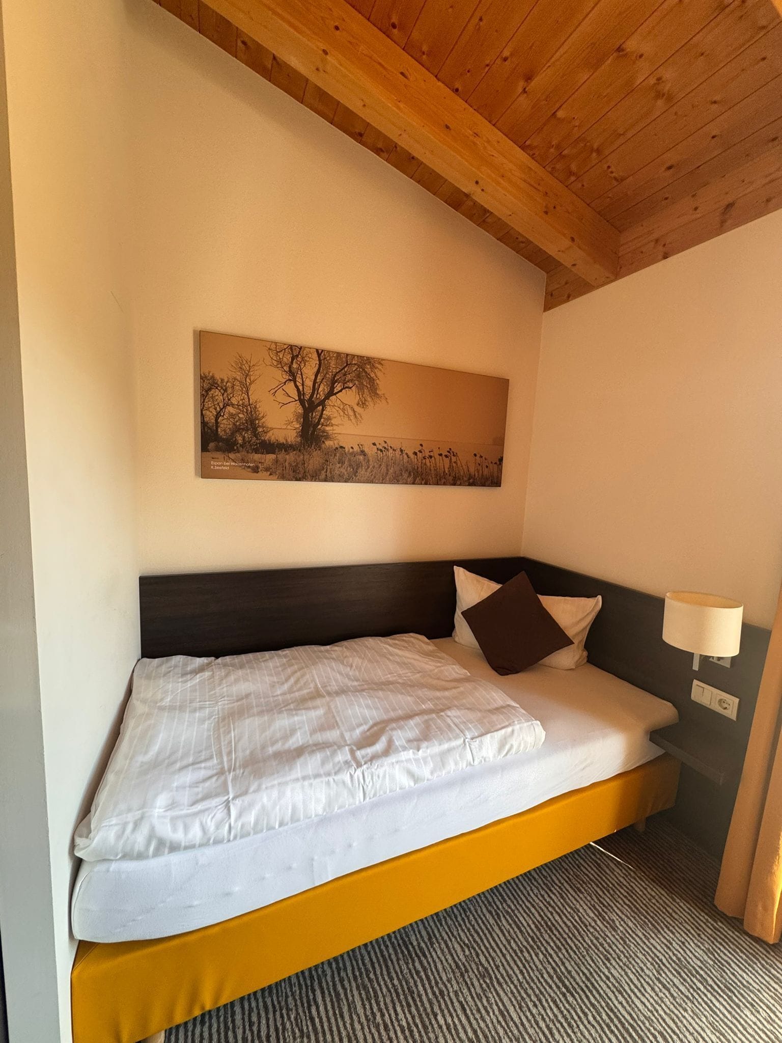 Un lit simple avec une tête de lit sombre, du linge de lit blanc et un protège-matelas jaune. Un tableau représentant un arbre et un paysage est accroché au mur au-dessus du lit.