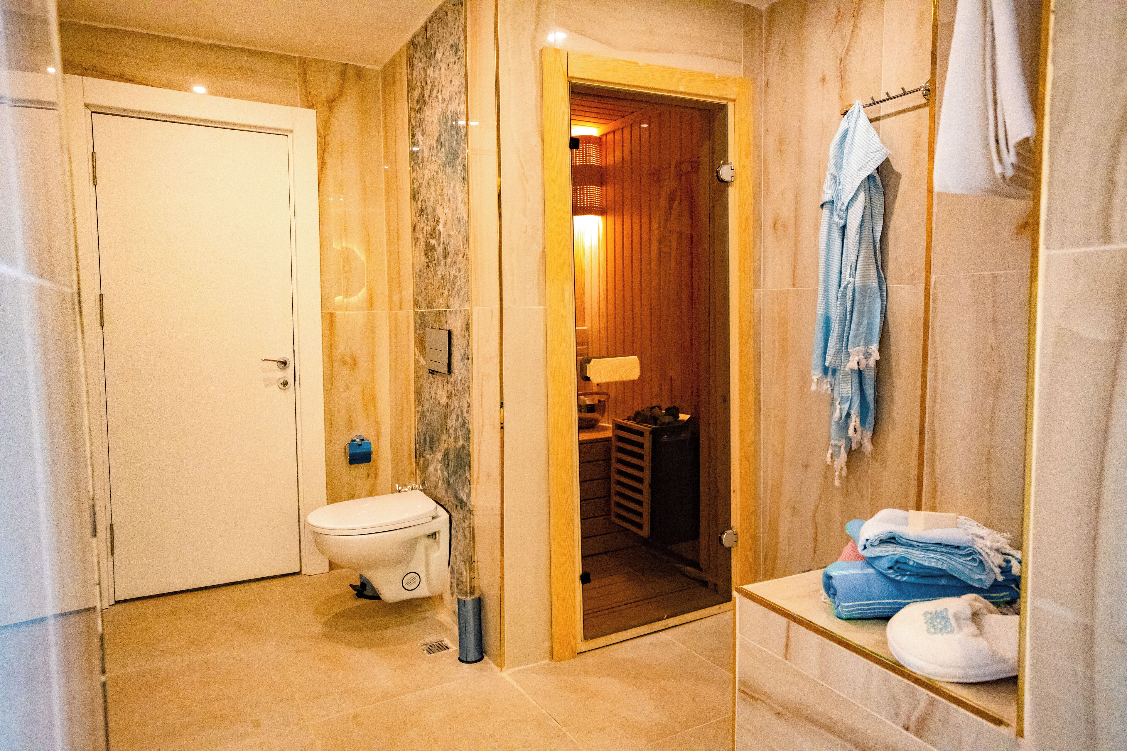 A bathroom with a toilet, a sink, and a shower area.