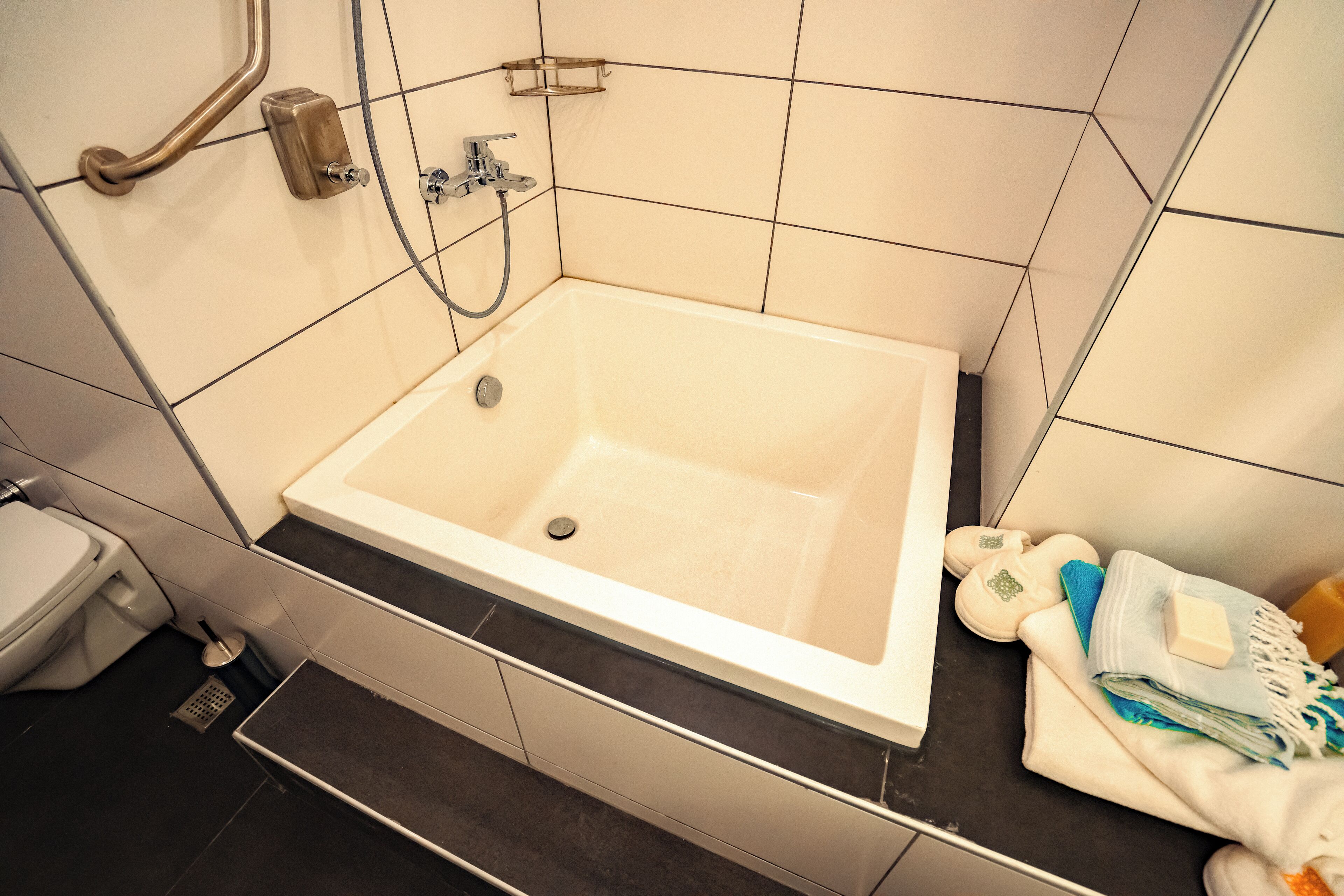 A modern bathroom with a bathtub, a toilet, and a shower area.