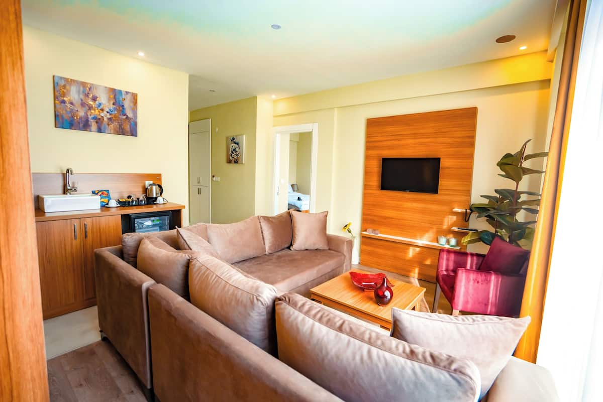 A modern living room with a sofa, a coffee machine, a TV, and a wooden cabinet.