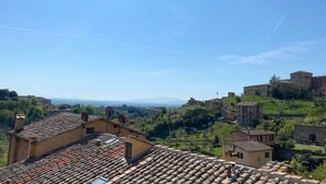 Vista de edificios con tejados de teja anaranjada, cielo despejado y montañas a lo lejos.