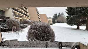 A snow-covered courtyard with a building featuring a modern design, including a sloped roof and a balcony with black railings. - Apartment Luna, Sankt Englmar (Sankt Englmar)
