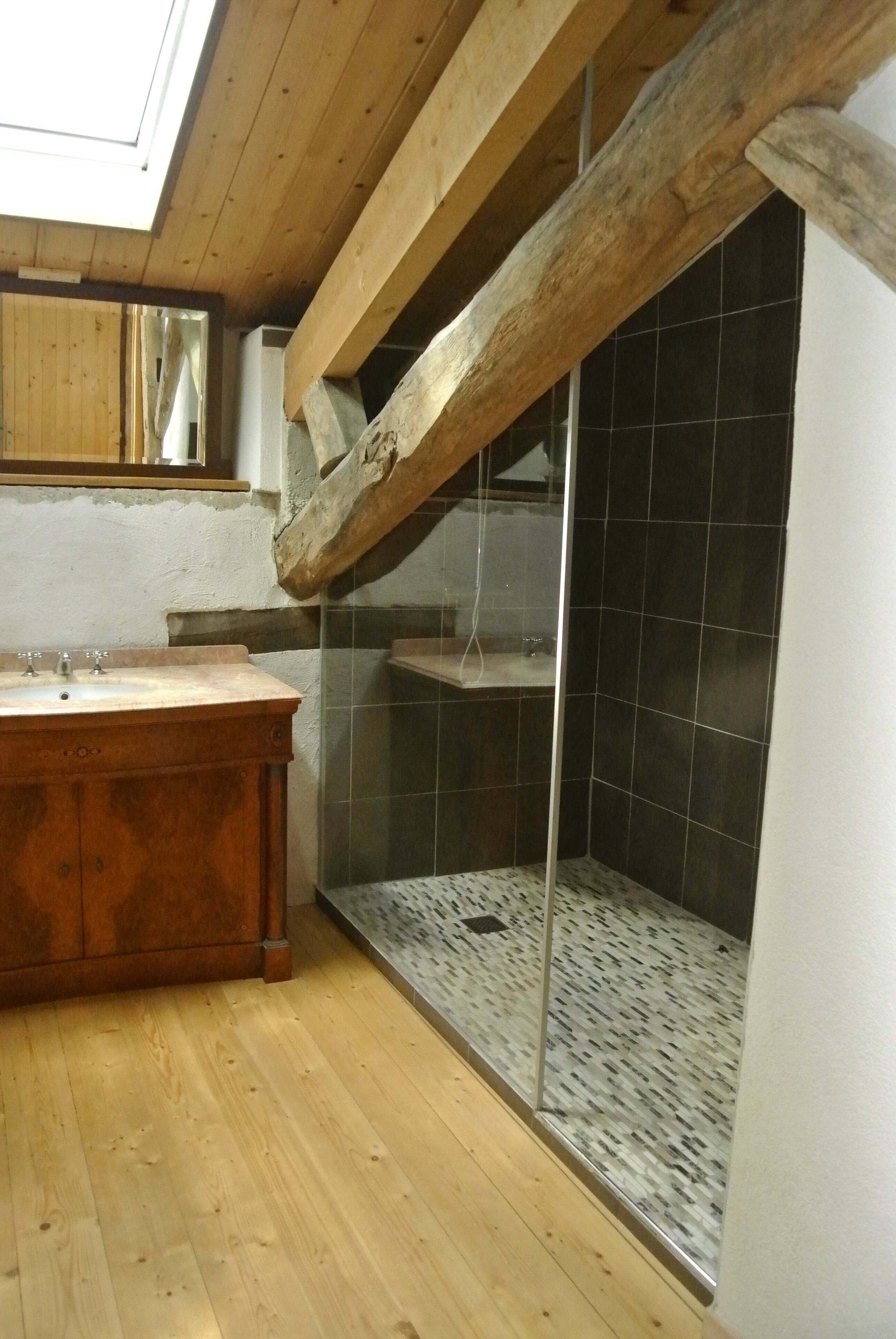 Regadera, secadora de cabello, toallas, papel de baño 