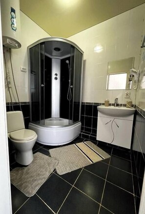 A bathroom with a modern shower enclosure, a toilet, and a sink with a mirror.