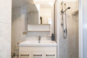 Shower, hair dryer, bidet, towels