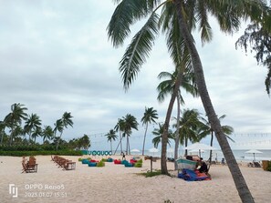 On the beach, sun-loungers, beach umbrellas, beach bar