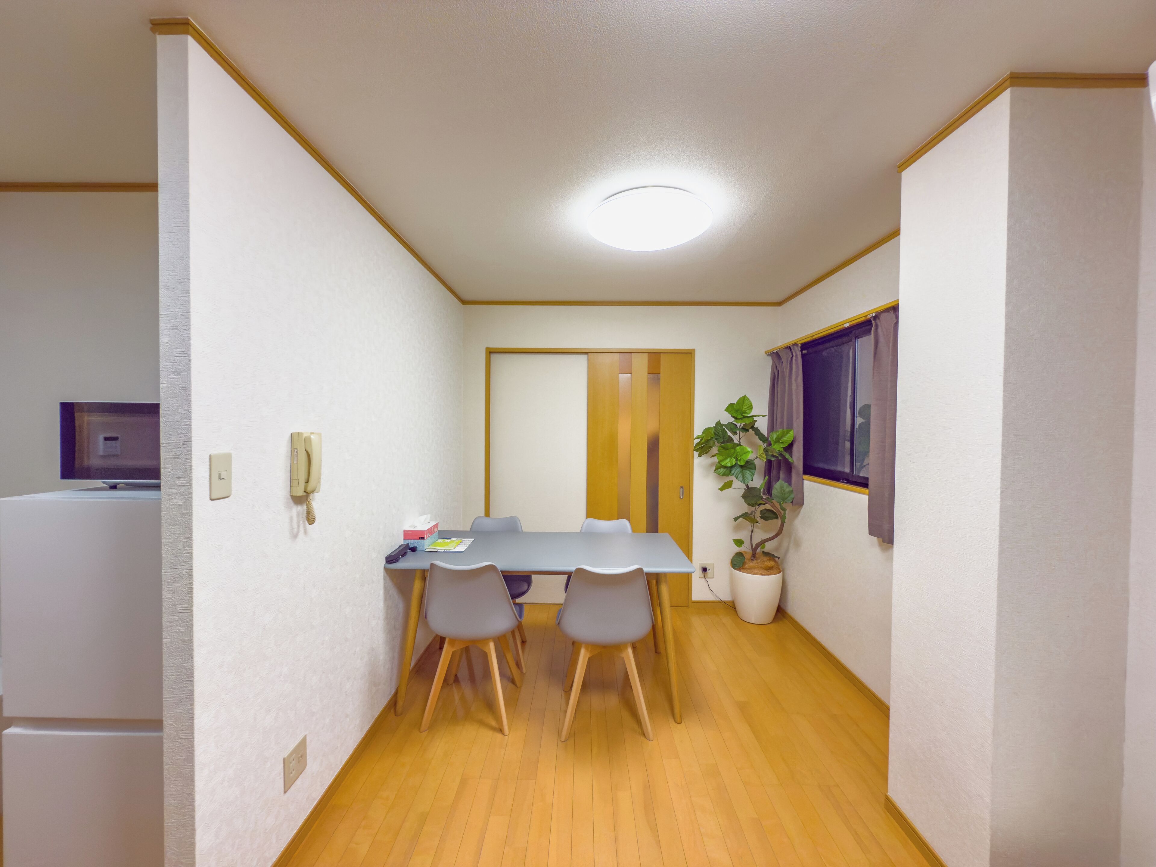 A compact room with a wooden floor, a small dining table with four chairs, a potted plant, a wooden door, and a white refrigerator.