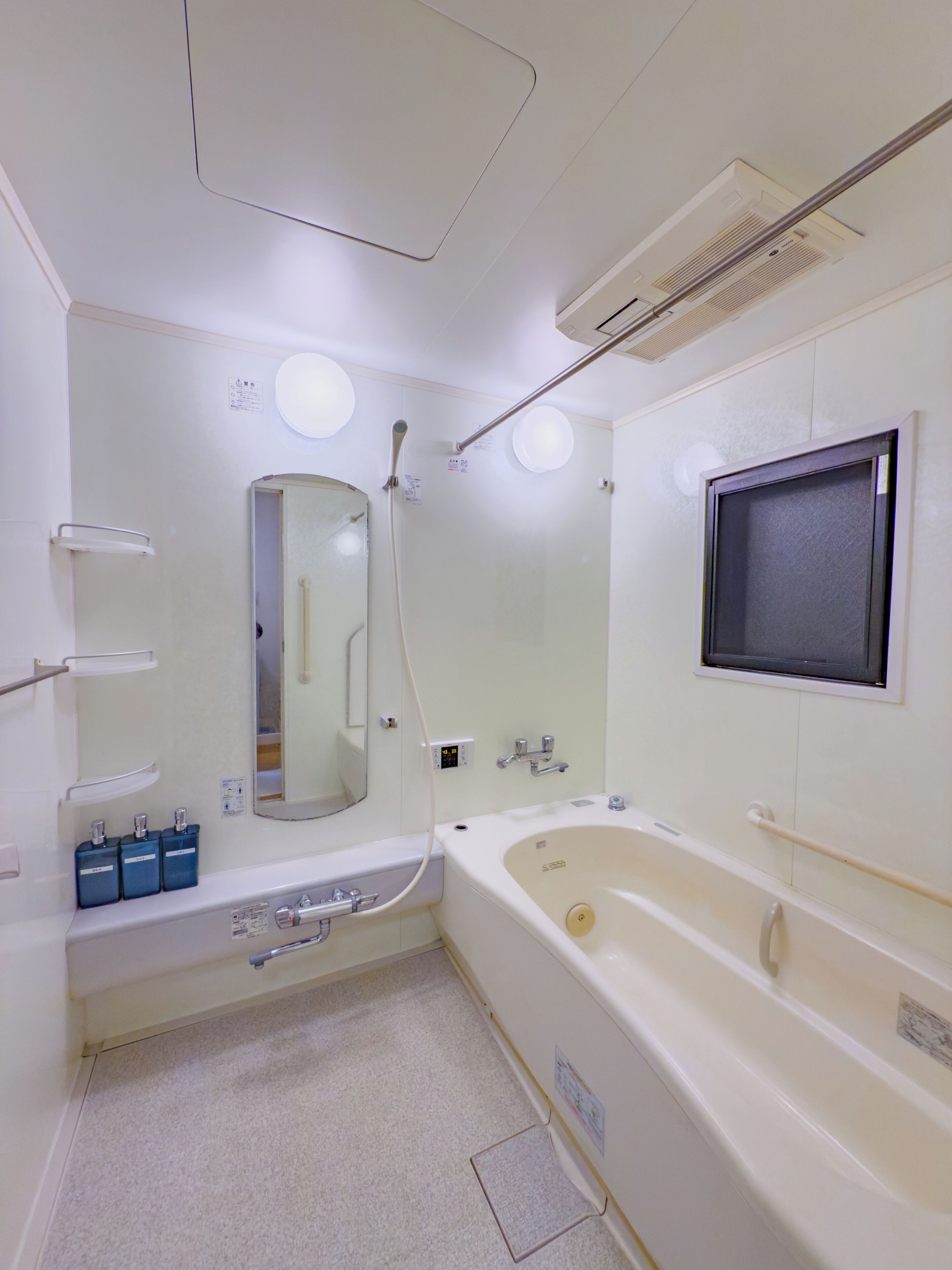 A modern bathroom with a bathtub, a large mirror, and a shower.