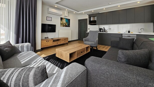 A modern living room with grey sofas, a wooden coffee table, and a TV. - Professionally Maintained Spacious New Suites 2-1 (Antalya)