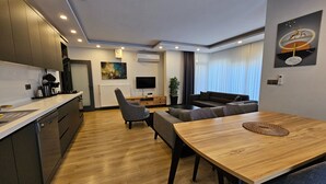 Un apartamento moderno con cocina, comedor y sala de estar.
