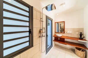 Shower, hair dryer, towels