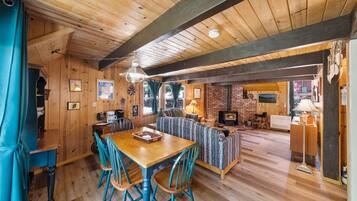 Smart TV, fireplace, DVD player, books