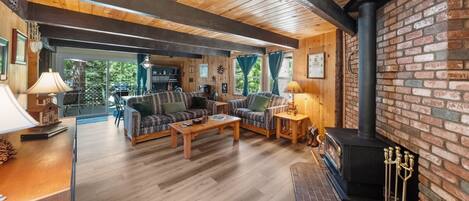 Smart TV, chimenea, reproductor de DVD, libros