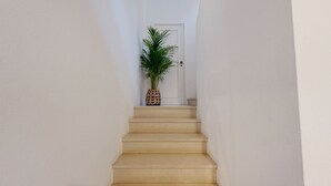 Un escalier menant à une porte blanche, avec un pot de fleurs placé sur le palier.