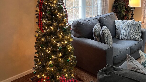 A living room with a Christmas tree, a grey sofa, and a lamp.