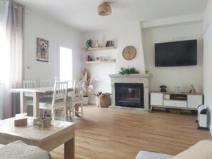 TV, fireplace, books