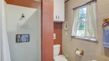 Et badeværelse med bruser, toilet og vindue.