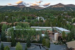 A residential area with houses surrounded by dense forest, a large building with a green roof, and mountains in the background.