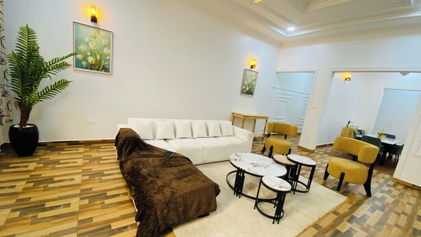 A modern living room with a white sofa, a brown armchair, and a coffee table set. There is a potted plant, a painting on the wall, and a ceiling fan.