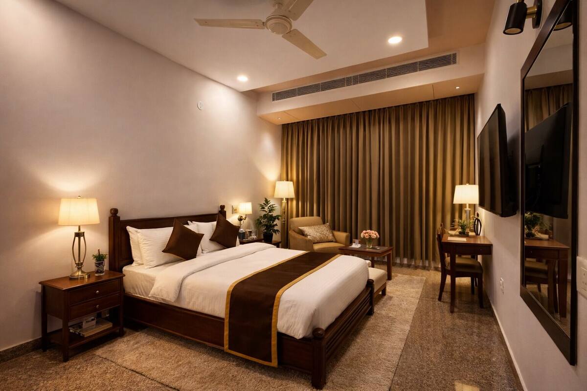 Une chambre d’hôtel équipée d’un lit, d’un bureau, d’une chaise, d’une télévision et d’un ventilateur de plafond.