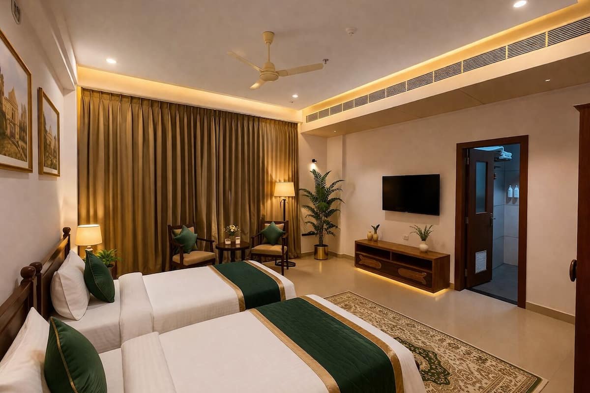 Une chambre d’hôtel avec deux lits, une télévision, un ventilateur de plafond, un bureau avec une lampe et une grande fenêtre avec des rideaux.