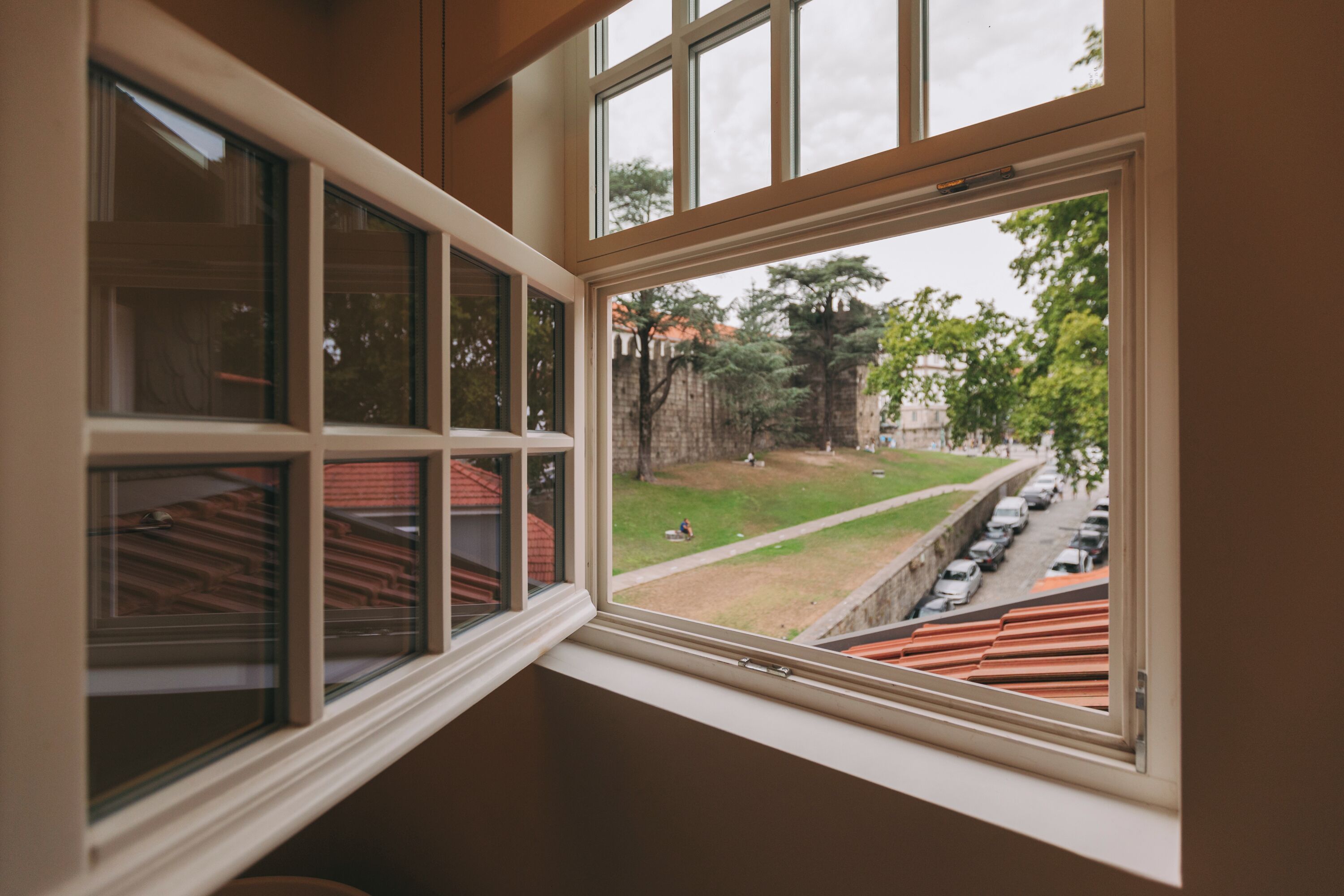 A window with multiple panes, a view of a parking lot, and a grassy area with trees.