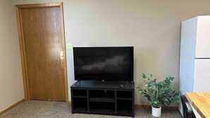 Une pièce avec une porte en bois, un meuble noir pour l’équipement audiovisuel avec un téléviseur à écran plat, un réfrigérateur blanc et une plante en pot.