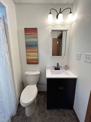 Shower, towels, soap, toilet paper