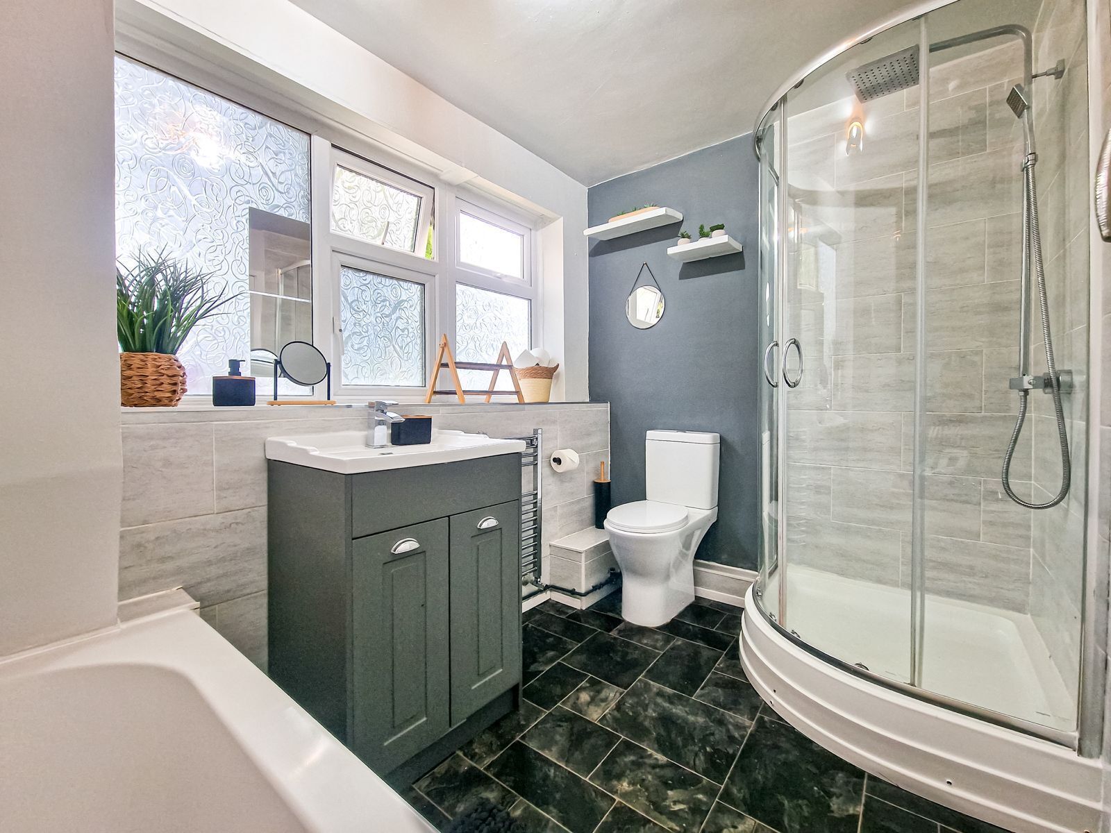 Hair dryer, towels, toilet paper