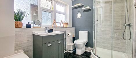 Hair dryer, towels, toilet paper