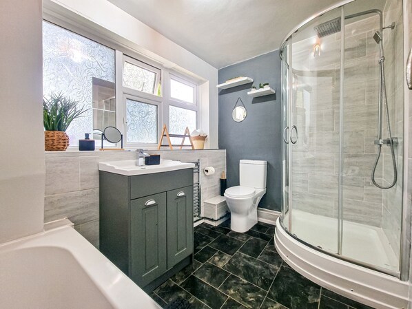 Hair dryer, towels, toilet paper