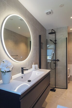 Douche, séchoir à cheveux, serviettes fournies, savon