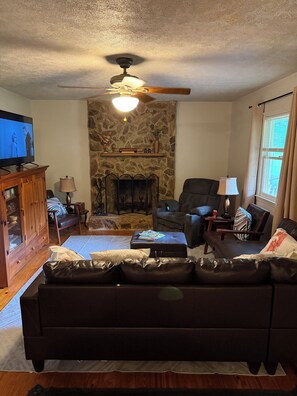 Smart TV, fireplace, books