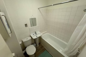 Hair dryer, towels, soap, toilet paper