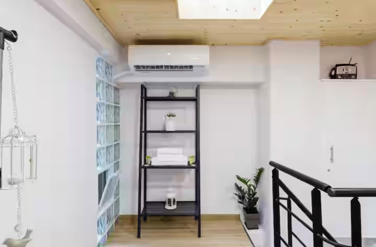 A modern interior with a wooden ceiling, a black metal shelving unit, and a small potted plant.