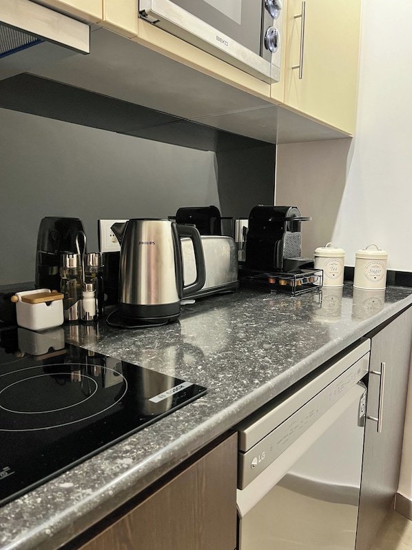 Microwave, stovetop, dishwasher