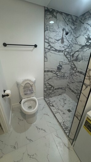 Hair dryer, towels, soap, toilet paper