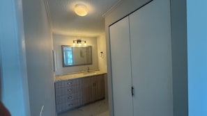 Hair dryer, towels, soap, toilet paper
